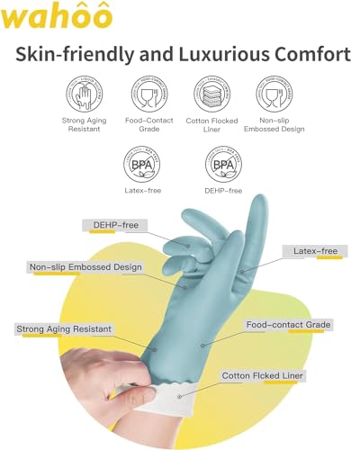 LANON wahoo Skin-Friendly Cleaning Gloves, Dishwashing Kitchen Gloves with Cotton Flocked Liner, Reusable, Non-Slip, Surf Spray, Small - size: Small (Pack of 1)