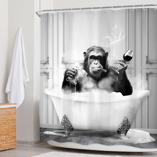 Newsely Funny Monkey Shower Curtain 72Wx72H Inch Chimpanzee in Bathtub Black White Animal Wildlife Boys Men Shower Curtain Bathroom Set Modern Cool Waterproof Bath Decoration Accessories Home Decor - color: A-monkey, size: 72"W x 72"L (Pack of 1)