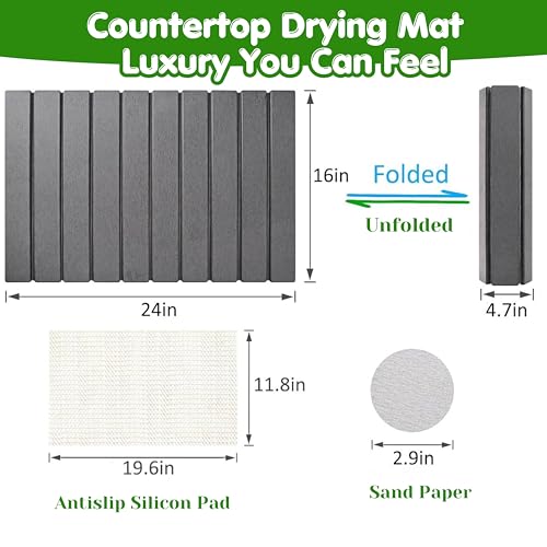 Stone Dish Drying Mat for Kitchen Counter 24x16 Grey, Quick Dry Stone Mat Kitchen, Large Stone Drying Mat for Dishes, Cups & Sink Counter, Drying Stone for Kitchen Counter