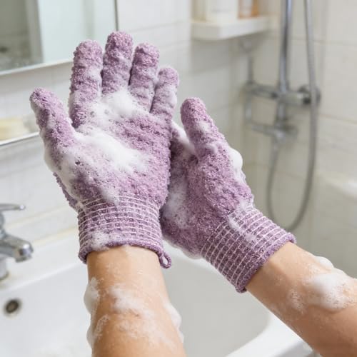 Exfoliating Bath Gloves 2 Pairs - Heavy Texture Body Scrub Gloves for Shower, Spa, Massage and Body Scrubs, Dead Skin Remover, Washing Gloves with Hanging Loop(Dark Purple) - color: Purple1