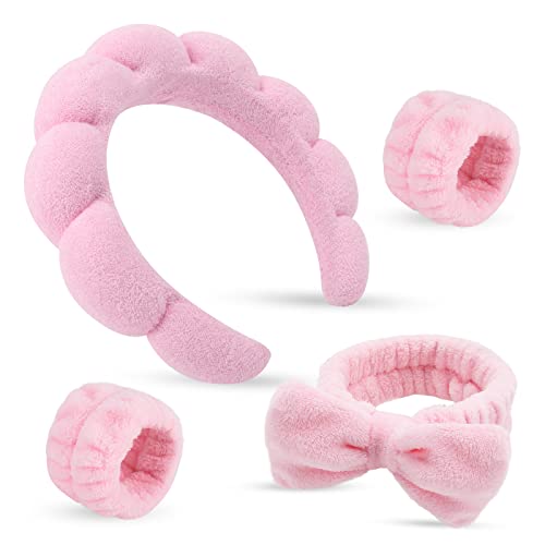 Makeup Headband for Washing Face Wristband Set, Pink | Soft absorbent fabric, snug head-hugging fit for face washing, skincare, makeup, masks, travel, women and teen girls - color: Pink