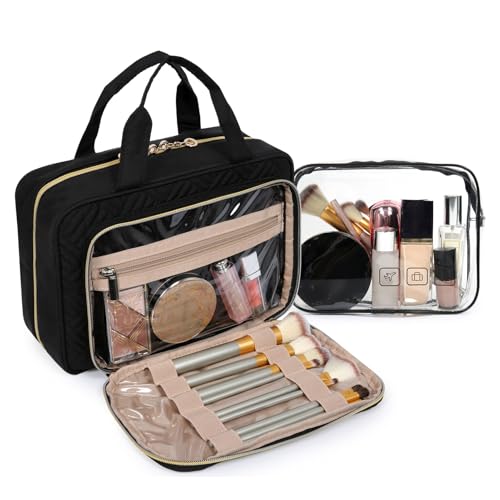 BAGSMART Toiletry Bag Hanging Travel Makeup Organizer with TSA Approved Transparent Cosmetic Bag Makeup Bag for Full Sized Toiletries, Medium-Black - color: Black, size: Medium