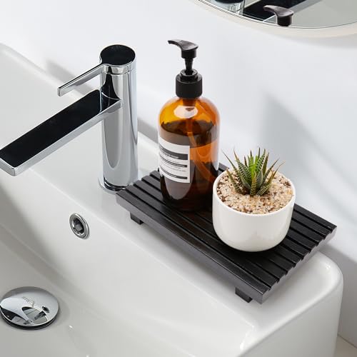 Wood Pedestal Table Stand for Bathroom Tray Kitchen Counter Decor Decorative Wooden Display Risers for Kitchen Sink Accessories Soap Tray Vanity Black Bathroom Counter Organizer Decor Dish Soap Holder - color: Black, size: 10" x 6" x 1.6"