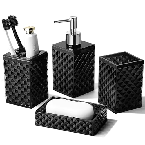 RYTOXILO Black Bathroom Accessories Set, 4 Pack Matte Black Bath Accessory Sets Complete, Acrylic Soap Dispenser and Toothbrush Holder Set for Bathroom Counter Sink, Modern Bathroom Decor - color: Black