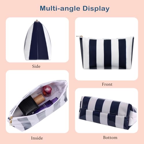 RSRSLEII Large Waterproof Travel Stripe Makeup Bag,Aesthetic PVC Toiletry Bag,Coquette Cosmetic Bag Organizer,Cute Preppy Carry-on Travel Accessories Essentials for Women Girls(Dark Blue) - color: Dark Blue