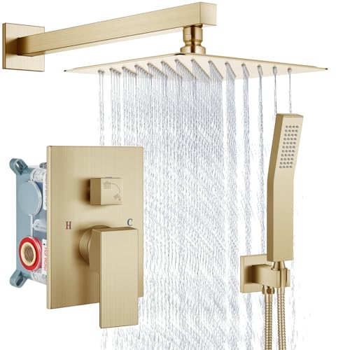 Aolemi Shower Faucet Set Rain Shower System with Handheld Spray Bathroom Shower Combo Rough-in Valve and Shower Trim Kit Included Brushed Gold 8 Inch Wall Mount Shower Head - color: Brushed Gold, size: 8 Inch Wall Mount Shower Head