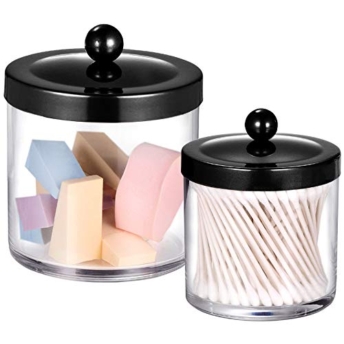 SheeChung 2-Pack Plastic Apothecary Jars with Black Metal Lids-Clear Acrylic Qtip Holder Set-Shatterproof Bathroom Vanity Organizer for Cotton Balls, Swabs, Pads-Modern Farmhouse Chic Decor - color: Black, size: 25 oz & 15 oz