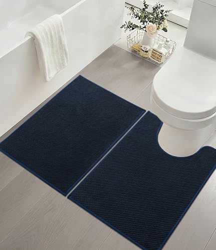 YIHOUSE Bathroom Rug Mat Sets, Ultra Thin Quick Dry Bath Mat, Absorbent Bath Mat for Bathroom Non Slip Machine Washable Bath Rug 2 Piece(Blue) - color: Dark Blue, size: 2 Pieces (U-Shape)
