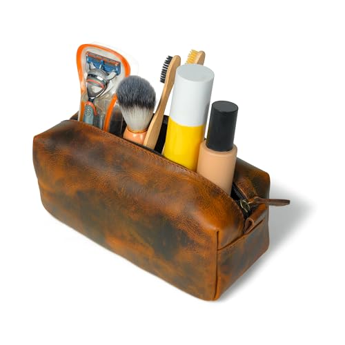 Full Grain Leather Toiletry Bag for Men – Handmade Travel Kit, Small Leather Shaving & Toiletry Organizer, Durable Waxed Canvas Lining (Tan)