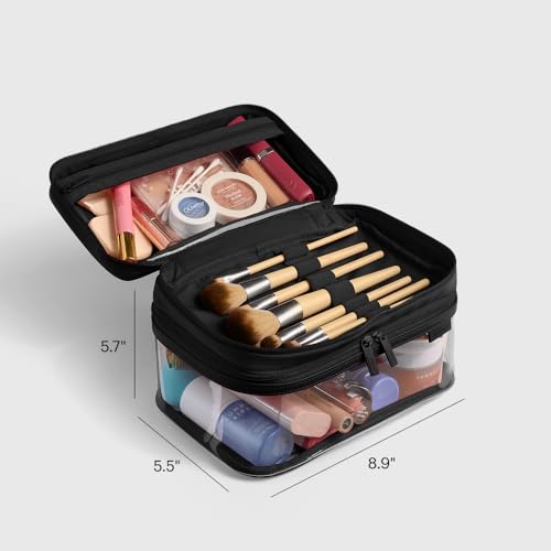 Away Clear Cosmetic Case - Water-Repellent Transparent Cosmetic Bag with 2 Compartments, Brush Holder, Interior Zip Pocket - Jet Black - color: Jet Black