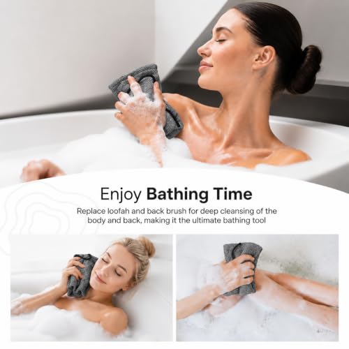 Yiclick Exfoliating Washcloth Towel with Handle, Back Scrubber for Shower, Exfoliating Body Scrubber Exfoliator, Japanese Wash Cloth for Body Scrub, Bath Sponge Loofah Luffa Washer Exfoliator - color: Grey