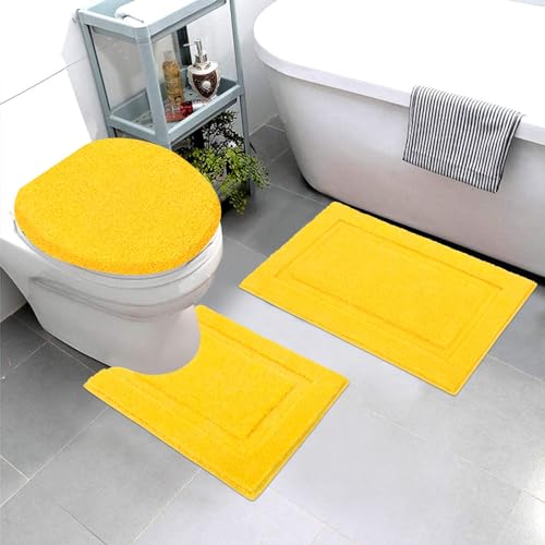 SHACOS Bathroom Rugs Set with Toilet Lid Cover | 20"x32" Bath Mats 19"x21" Toilet Lid Cover 20"x24" U Shape Contour Mat Extra Soft Absorbent Non Slip Bathroom Carpet (Yellow) - color: Yellow, size: 20"x32"+U-Shape 20"x24"+Lid Cover 19"x21"