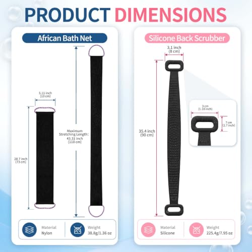 Manmihealth Silicone Back Scrubber for Shower & African Net Sponge Net Set, 36'' Dual-Sided Back Washer & African Long Bath Sponge, Extendable Long Silicone Body Brush(Black+Black) - color: Black+black