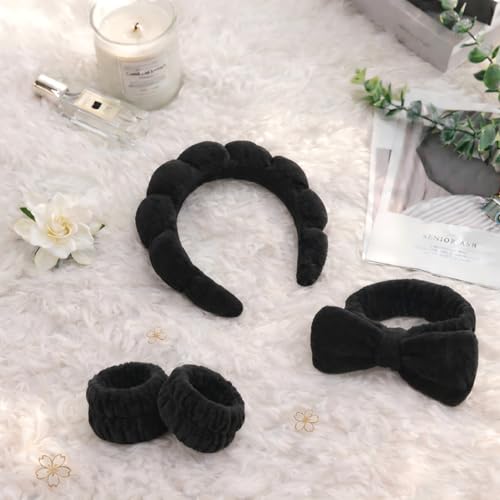 Spa Headband for Washwing Face Wristband Set, Black | Soft absorbent fabric, snug head-hugging fit for face washing, skincare, makeup, masks, travel, women and teen girls - color: Black