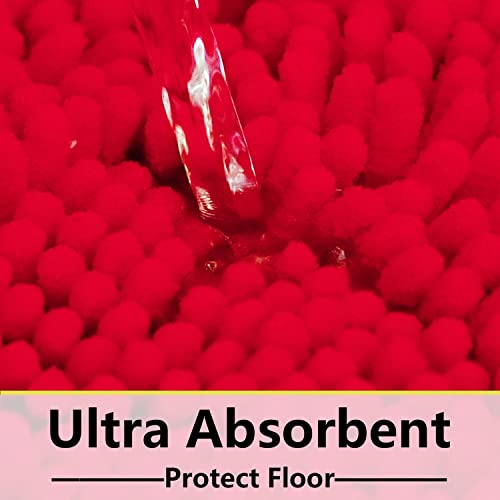 BOANKODU Bathroom Rugs Chenille 3-Piece Extra Soft and Absorbent Shag Bathroom Rugs, Machine Wash Mat, Strong PVC Non-Slip Underside, Plush Carpet Mats (Red) - color: Red, size: 2'8" x 1'8" (16x24"+20x32"+20x20"U shape）