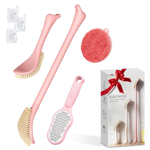 Foot Brush/Foot File/Silicone Body Scrubber Set(3PCS), 3-in-1 Foot Scrubber with Long Handle, 10.2’’-27.5’’Adjustable Foot Scrub Brush with Foot File and Silicone Loofah, Gift-Box(Pink Set) - color: Pink Kit03