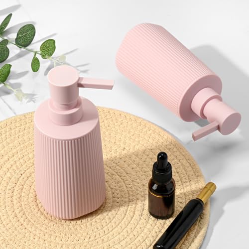 Pink 2 Pack Hand Soap Dispensers Set with No Rust Pump for Bathroom Kitchen or Vanity Countertops Refillable Striped Matte Plastic 8.5 oz Cute Design for Girls Room Decor - color: Pink Set of 2