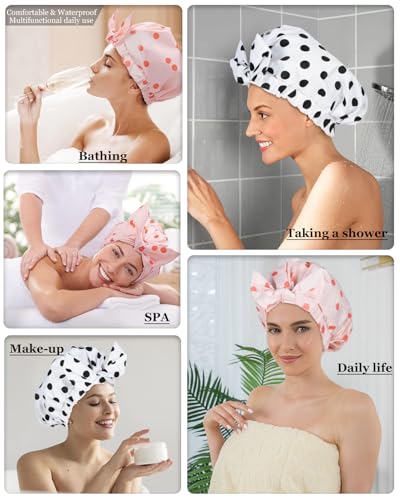 2Pcs Shower Caps for Women Shower Cap Reusable Waterproof Hair Cap for Shower with Adjustable Bowknot Luxury Bath Cap for Women (Black Dot & Pink Dot) - color: Black Dot & Pink Dot