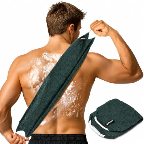 Yiclick Exfoliating Washcloth Towel with Handle, Back Scrubber for Shower, Exfoliating Body Scrubber Exfoliator, Japanese Wash Cloth for Body Scrub, Bath Sponge Loofah Luffa Washer Exfoliator - color: Darkgreen