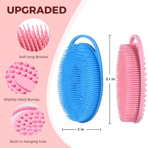 2 Pack Silicone Body Scrubber, Exfoliating Shower Scrubber for All Skin | 2 in 1 dual-sided design, soft bristles and massage bumps side, fast-drying, non-slip handle, for women and men, Blue+Pink - color: Blue&pink