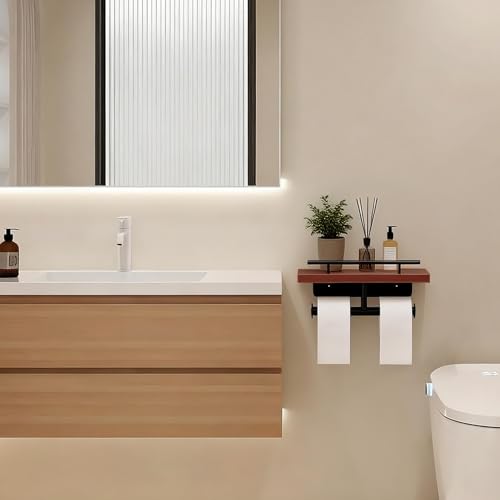 Toilet Paper Holder with Wood Shelf, Wall Mount Toilet Paper Roll Holder with Wooden Shelf and Matte Black Stainless Steel Pipe, Tissue Roll Holder for Bathroom Washroom (Dark Brown, 13.8'' x 5.9'') - color: Dark Brown, size: 13.8'' x 5.9''