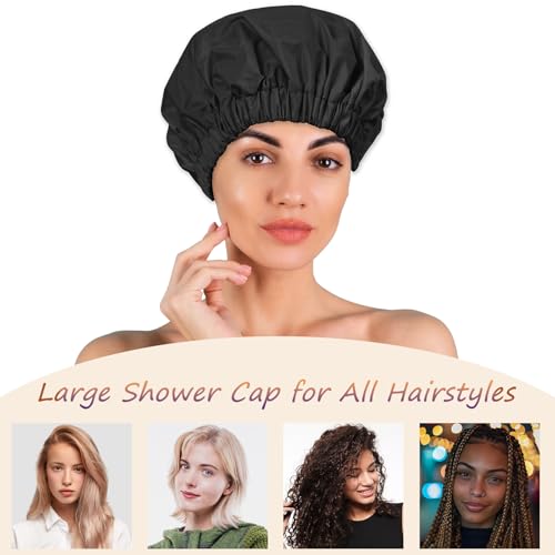 Reusable Shower Cap for Women – Large Waterproof Satin Shower Bonnet for Long, Curly & Braided Hair, Washable Bath Hair Cover, Black + Purple - color: Black + Purple
