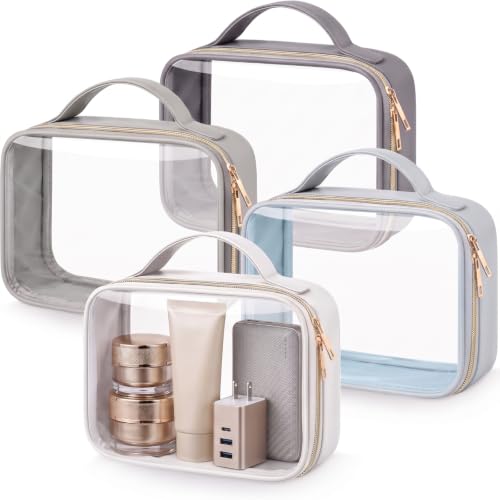 Abbylike 4 Pcs Clear Makeup Bags with Handles Tsa Approved Toiletry Bag with Zipper PU Leather Quart Size Clear Cosmetic Pouch for Travel Women Men Airport Compliant Bags(Gray-blue Color Palette) - color: Gray-blue Color Palette