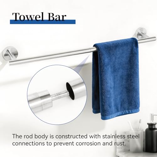 HOMOTEK 4 Pieces Bathroom Accessories Hardware Set, 24 inch Towel Bar, Towel Ring, Robe Hook, Toilet Paper Holder, Stainless Steel Rack Kit Wall Mounted, Brushed Stainless Steel - color: Brushed Stainless Steel