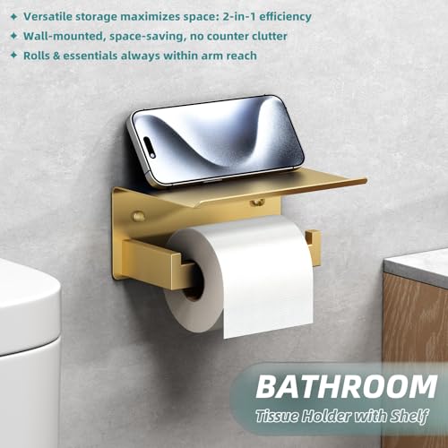 Toilet Paper Holder with Shelf Brushed Dark Gold, APLusee SUS 304 Stainless Steel Modern Bathroom Accessories Tissue Roll Dispenser Storage - color: Brushed Dark Gold, size: Single Rod