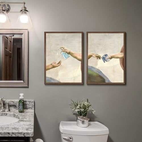 Laylwhq Bathroom Wall Art Retro Funny Hand Of God and Adam, 16 * 24in | 2 Pcs, Unframed, Humor Handwashing Fluid Toilet Paper Paintings - color: bathroom, size: 16"Wx24"Hx2
