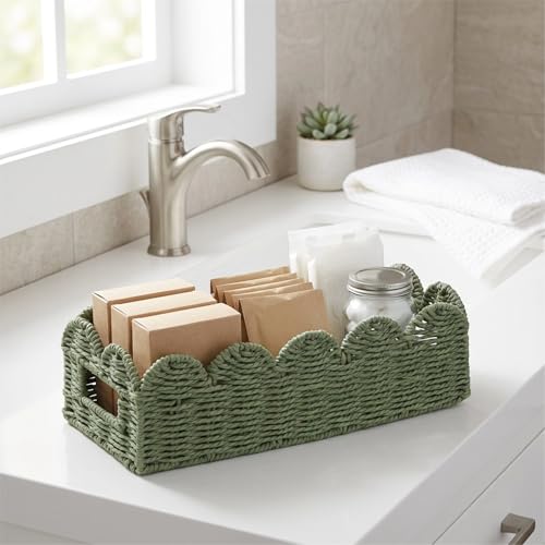 Sage Green Scalloped Toilet Tank Basket — Paper Rope Woven Toilet Paper Holder for Back of Toilet, Scalloped Wicker Tray, Boho Bathroom Organizer and Storage for Tank Top, Countertop & Small Spaces - color: Green