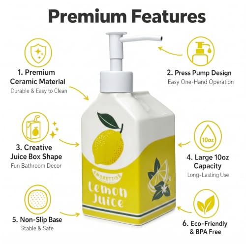 Ceramic Lemon Hand Soap Dispenser Pump Bathroom Kitchen Refillable Bottle | Cute Funny Design, Refillable, Reusable, 300ml/10oz - color: Lemon