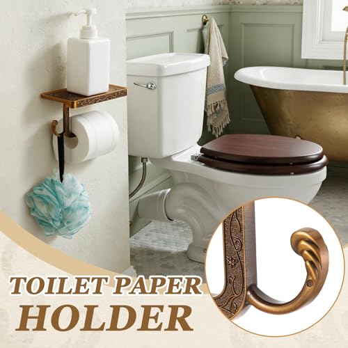 LemonRoad 2 Pack Vintage Carved Toilet Paper Holder with Shelf, Antique Wall-Mounted Tissue Roll Holder with Phone Storage Rack, Rust-Resistant Bathroom Accessories