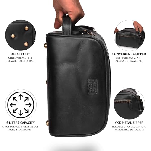 LEATHER VILLAGE Genuine Leather Toiletry Travel Bag With Waterproof Lining - Black | King-Size Handcrafted Vintage Dopp Kit Bag, Shaving & Bathroom Organizer, Gift for Men & Women - color: Black