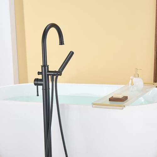 Wowkk Free Standing Tub Faucet Black Freestanding Bathtub Faucet Floor Mount Brass Bathroom Tub Filler with Hand Shower - color: Black, style: Modern