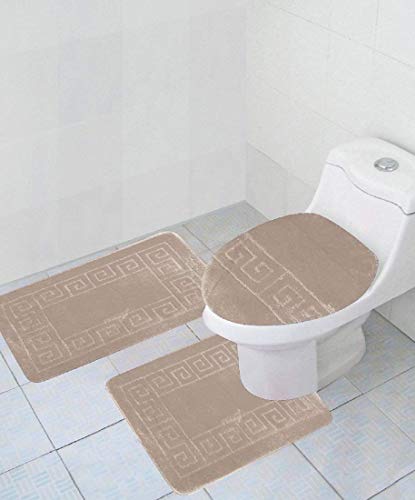 WPM WORLD PRODUCTS MART 3 Piece Bath Rug Set Pattern Bathroom Rug (20"x32")/Large Contour Mat (20"x20") with Lid Cover (Beige) - color: Beige