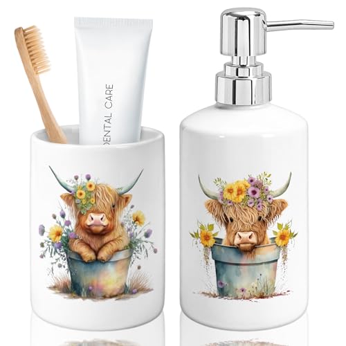 FYSUIMU Highland Cow Bathroom Toothbrush Holder Set Watercolor Rustic Cow Wildflower Ceramic Soap Dispenser with Tooth Brush Organizer for Modern Countertop Decor Set - color: Highland Cow