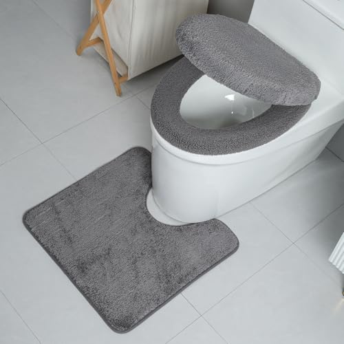 3piece Toilet Seat Cover Set - Toilet Seat Cover +Toilet Lid Cover + toilet rugs u shaped washable, Fits Most Elongated Round and Oblong Toilet(Machine Washable,Quick-Dry) grey - color: Gray