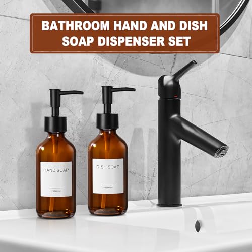 RYTOXILO 8 fl oz Amber Glass Soap Dispenser 4 Pack, Brown Glass Bottle with Pump, Refillable Round Hand Soap Dispensers Bathroom for Soap, Lotion, Oil, Shampoo