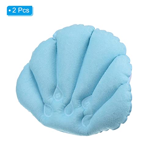 PATIKIL Inflatable Bath Pillow with Suction Cups, 2 Pack Terry Cloth Covered Shell Shape Bathtub Spa Pillow Neck Support for Bathtub Hot Tub, Blue - color: Blue