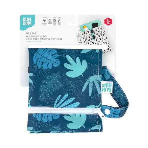 Bumkins Waterproof Wet Bag, Washable, Reusable for Travel, Beach, Pool, Stroller, Diapers, Dirty Gym Clothes, Wet Swimsuits, Toiletries, 12x14 – Blue Tropic - color: E5 Blue Tropic, style: Wet Bag