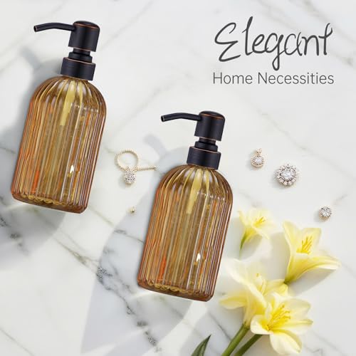 16 OZ Amber Glass Soap Dispenser, Amber Stripe Bathroom Hand Soap Dispensers with Stainless Steel Bronze Pump,Brown Glass Kitchen Hand Soap Dispenser with Oil Rubbed Bronze Pump,2 Packs - color: Oil Rubbed Bronze+amber, size: 2-Pack