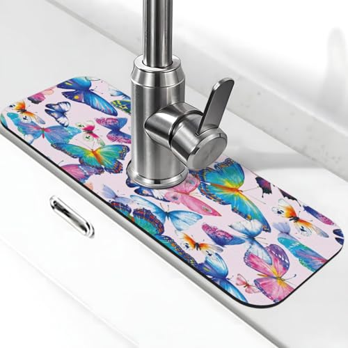 Faucet Draining Mat For Kitchen Sink, Colorful Butterflies Diatom Mud Absorbent Drain Pad For Bathroom Kitchen Sink Splash Guard Drying Mat - color: Colorful Butterflies, size: One Size