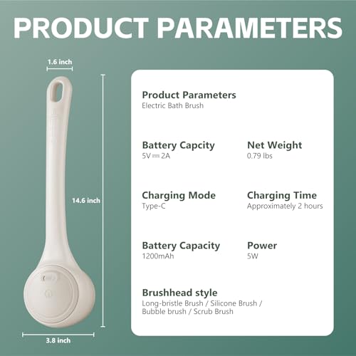 Electric Body Brush Back Scrubber for Shower, Waterproof Long Dual Handle Power Body Scrubber with 4 Heads, Bath Brush & 2 Speeds, for Deep Cleansing, Exfoliating and Massaging Skin (Beige) - color: Beige
