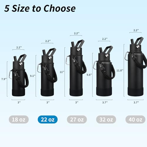 BJPKPK Insulated Water Bottle with Straw Lid, 22oz Thermal Flasks Water Bottles with 3 Lids, Paracord Handle & Non-slip Boot, BPA Free Leak Proof Stainless Steel Tumblers, Cups,Black - color: Black, size: 22 Ounces