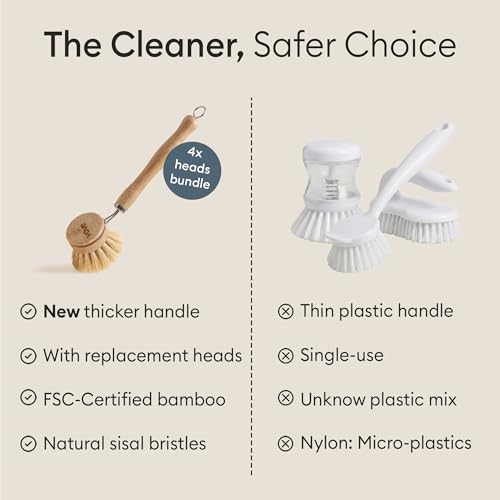 Vove Plastic-Free Dish Brush Bundle, Bamboo Dish Brush and Scrub Brush with 3 Replacement Heads, FSC-Certified Bamboo with Natural Fiber Bristles, Complete Zero-Waste Kitchen Cleaning Set - style: Brush Bundle - Scrub & Dish brush set