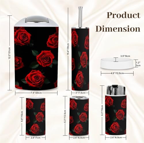 Bathroom Accessory Set 6 Piece Beautiful Pattern red Roses Black Toothbrush Holder, Toothbrush Cup, Soap Dispenser, Soap Dish, Toilet Brush Holder, Trash can for Countertop Rustic Decor