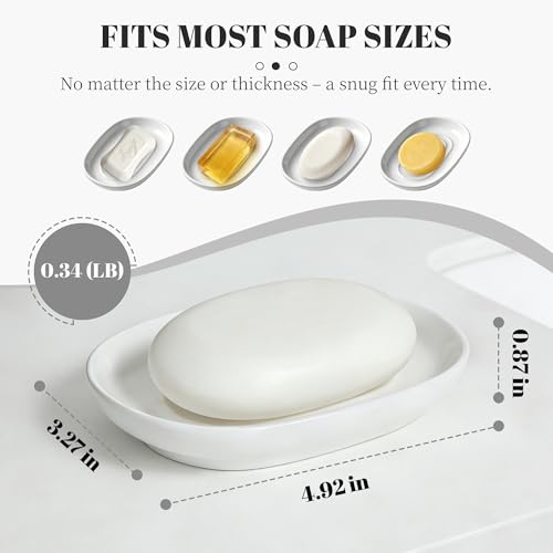 White Ceramic Soap Dish for Bathroom & Kitchen Sink – Raised Center Keeps Soap Dry & Easy Clean, Heavy Ceramic Stays Put on Wet Ledges; Also Holds Soap Bars, Sponges, Jewelry, Keys & Small Items - color: White