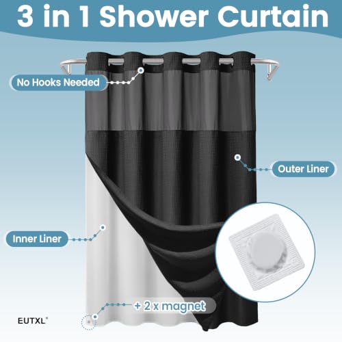 EUTXL 256GSM Heavyweight Waffle Shower Curtain and Liner Set, Heavy Duty Bath Curtain, Luxury Weighted Fabric, No Hooks Needed, 71 x 74, Black - color: Black, size: 71"W x 74"L (Pack of 1)