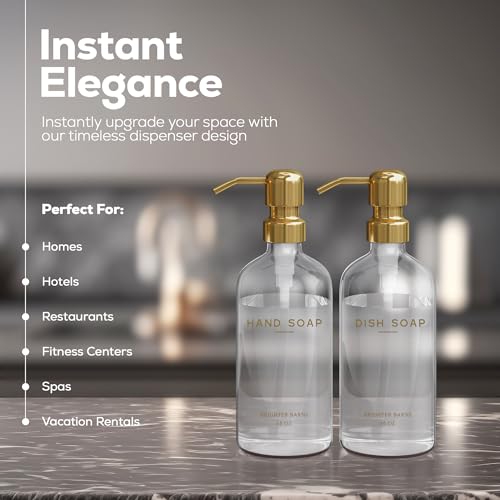 Luxury Glass Soap Dispenser Set by Brighter Barns - Hand and Dish Soap Dispenser for Kitchen Sink - Refillable Glass Bottles with Stainless Steel Pumps - Modern Gold Kitchen Decor & Accessories (Gold) - color: Clear Gold Hd